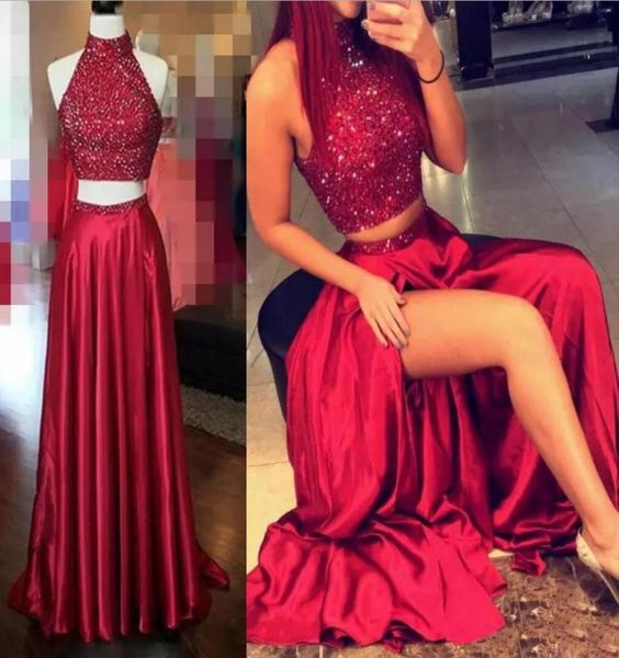

shinning two pieces prom dresses high neck crystal beading dark red hollow back side split evening gowns long formal cocktail part7681325, Black