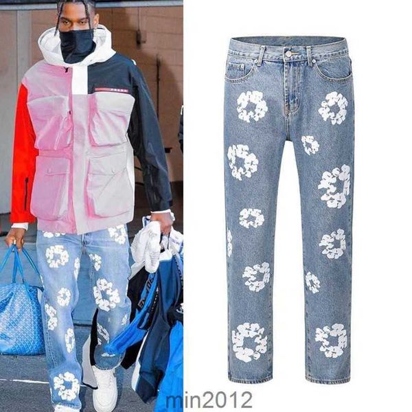 

23 flower full print jeans pants oversized streetwear straight casual men and women denim trousersxsdu, Blue