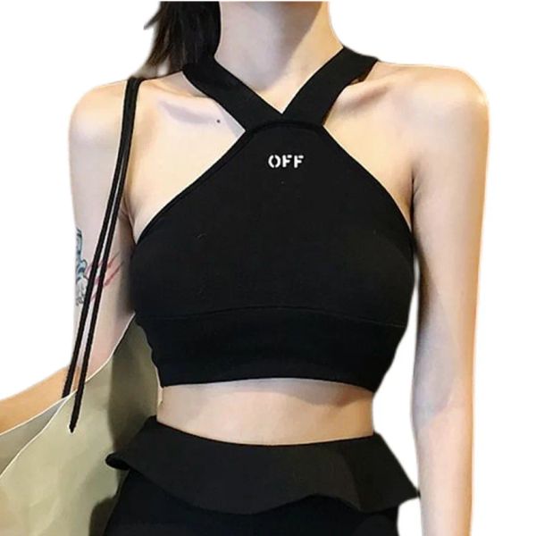 

latest fashion design summer women's short t-shirt letter embroidery tank shoulder black tank casual sleeveless open back t-shirt, White