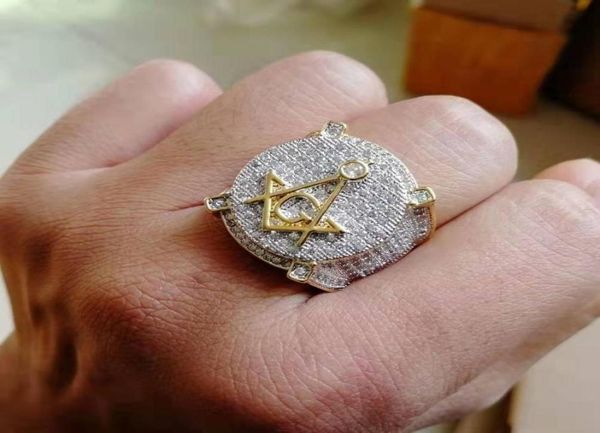 

iced out masonry sign rings for men luxury designer bling diamond and accepted masons gold ring 18k gold plated hiphop je6394057, Golden;silver