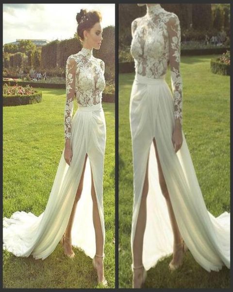 

charming illusion long sleeves wedding dresses high neck lace bridal gowns side split chiffon sweep train wedding gowns 4912847, White