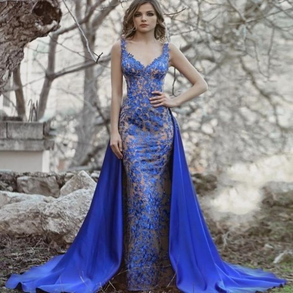 

royal blue mermaid prom dresses with overskirt vneck beads lace applique backless evening dresses see through 2018 prom dres2635985, Black