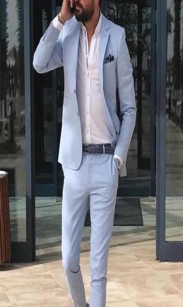 

sky blue linen beach men suits 2021 summer 2 piece slim fit groom tuxedo for wedding new male fashion jacket with pants6039516, Black;gray