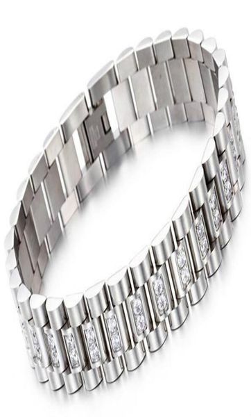 

watch band style 15mm width 316l stainless steel luxury mens wristband link bracelet with prong setting cz stones kka21997680671, Golden;silver