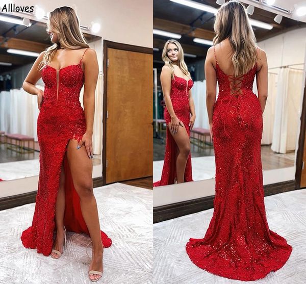 

red sequined sparkly sheath column evening dresses side split spaghetti straps long formal occasion party gowns lace-up back second receptio, Black;red