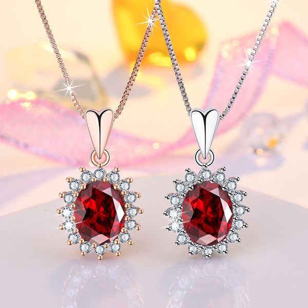 

luxury red cz gemstone pendant necklaces rose gold/platinum plated silver jewelry for women party necklaces
