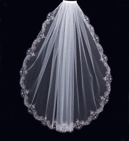 

charming white ivory short veils luxury wedding party beaded lace trim one layer bridal mantilla tulle with com6716829, Black