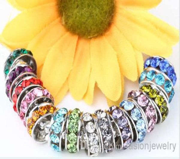 

100 pcslot 10mm 12mm white mixed multicolor rhinestone silver plated big hole crystal european beads spacer loose bead bracelets6239695