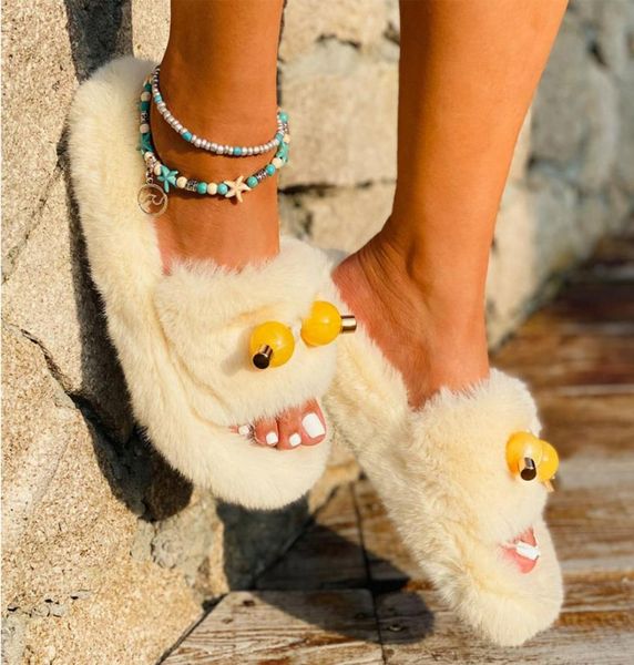 

vertvie winter house furry fashion faux fur warm shoes women flats female home slides plush slippers flip flops5213521, Black