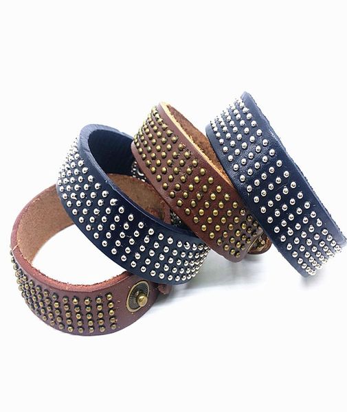 

10pcslot genuine leather handmade men women button punk rivet bangle cuff bracelets jewelry whole blackbrown6905988, Golden;silver