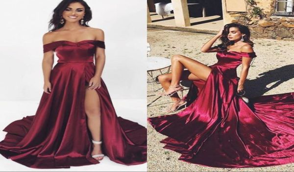 

burgundy off shpulder aline prom dress vintage hide side split formal party gowns evening bridesamid dresses7115692, Black