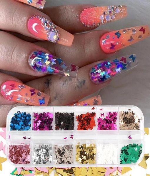 

12 gridsset butterfly shape nail flakes 3d holographic laser nail glitter sequins manicure decorations art tools9034433, Silver;gold