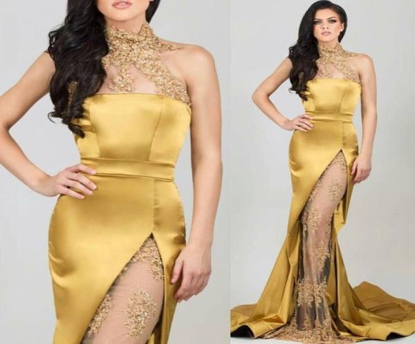 

mermaid high neck gold evening dresses beaded appliques seethrough high leg slit formal gowns party dress1992589, Black;red