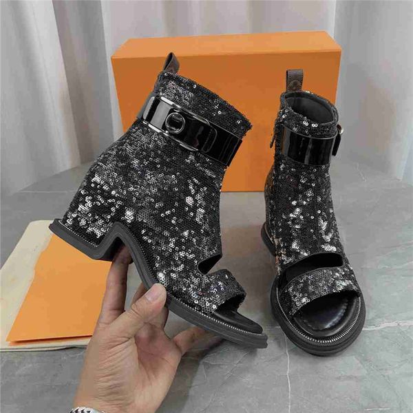 

fashion women's sandals 2023 lvsity luxury brand letter logo summer women's high heels men's casual student flats viutonity 0, Black