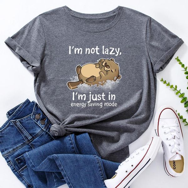 

t-shirt women cotton tshirts graphic tee female summer short sleeve tees cute animal bear i' not lazy letter print funny shirts, White