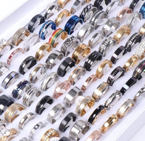 

50pcslot fashion colorful stainless steel rings jewelry for men women party gift love mix style 16mm22mm whole8891052, Golden;silver