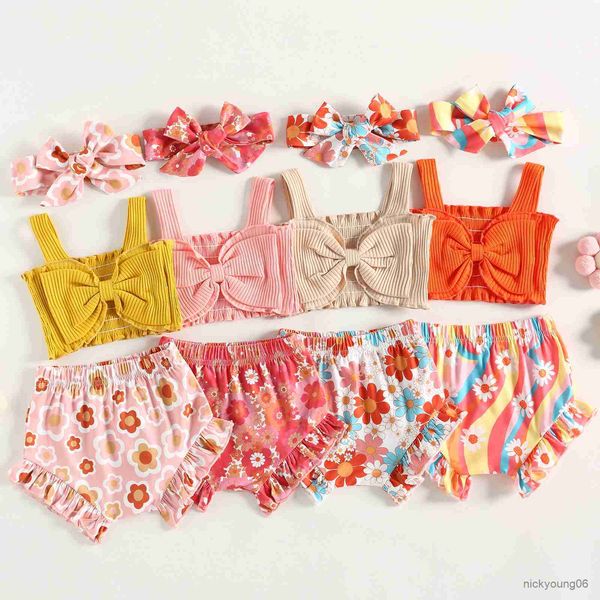 

clothing sets infant baby girls clothes set solid color ribbed bowknot sling tank floral print shorts headband, White