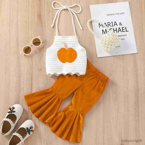 

clothing sets 0-3y baby girl fashion outfit set knitted pumpkin halter sleeveless tank with solid color flared pants, White