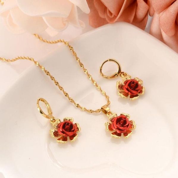 

18 k fine gold leaf red flower brightcoloured women jewelry sets europe wedding gift dubai pendnat earrings diy charms2478504, Silver