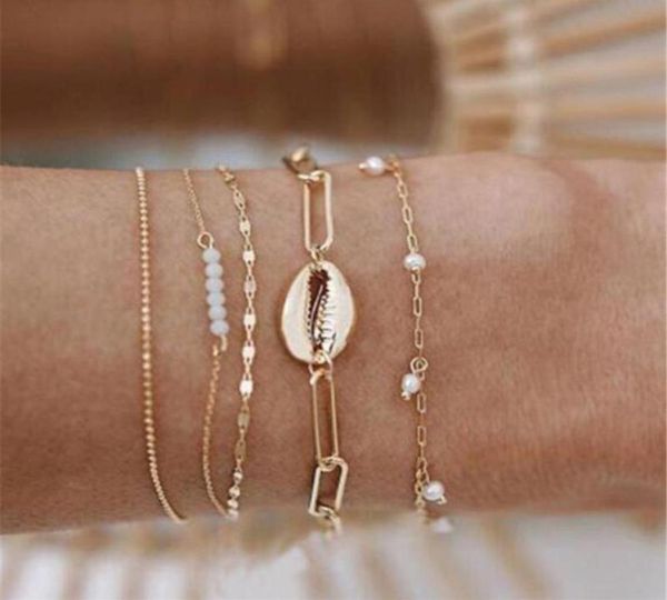 

link chain 5pcs women bracelets set multilayer metal shell beads gold chains boho bracelet femme antique beach anklet jewelry acc65206769, Black