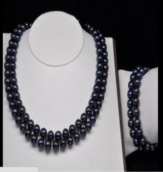 

2 row 89mm tahitian black south sea pearl necklace bracet273y8398880, Silver