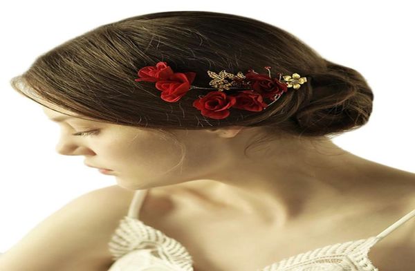 

vintage handmade red rose hair clip golden leaf rhinestones flower headpiece bridal wedding accessories1273795, Slivery;golden