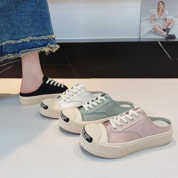 

2023 summer new open smiling women's thick sole one step silk dad shoes baby head women's half trailer size 41-43, Black