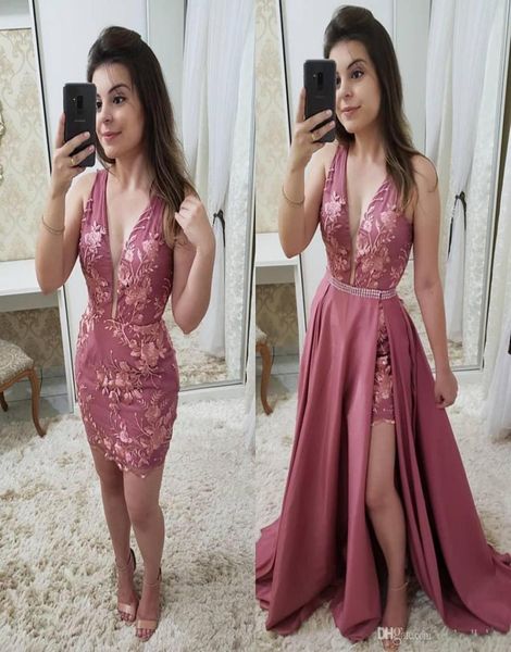 

2019 dusty rose detachable train prom dresses v neck sleeveless plus size lace applique beaded cocktail dress9979993, Black