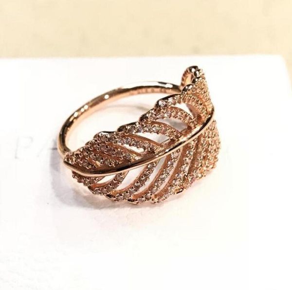 

925 sterling silver rose gold light feather ring with diamonds suitable for pandora charm style jewelry fashion ladies wedding rin7250508, Golden;silver