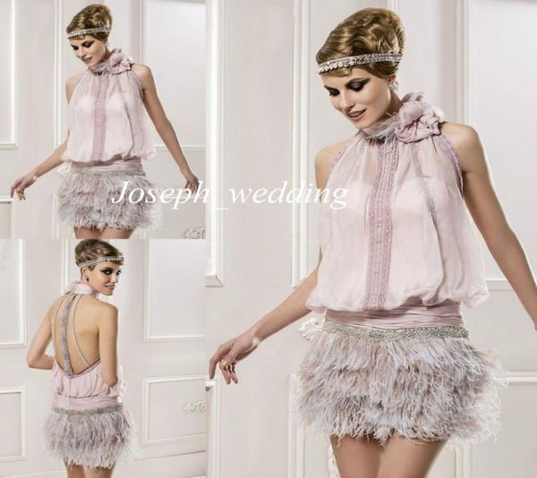 

real sample pictures romatic mini short lady cocktail dresses halter beaded backless pink feather exotic5004229, Black