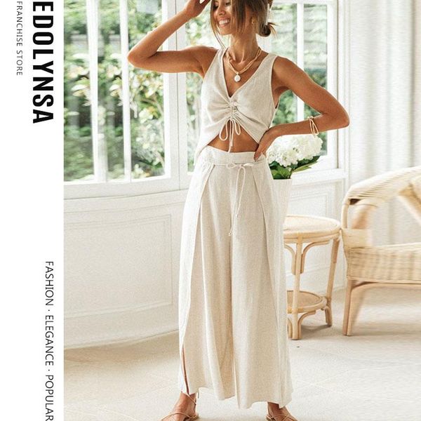

dress summer casual two piece set cotton linen drawstring crop split lace up wide leg pants loungewear women's home suits y120, White