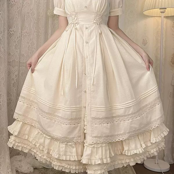 

off white retro literary style dress with high waist lace up petticoat, medium length ruffled lolita puffy skirt, princess style three-layer