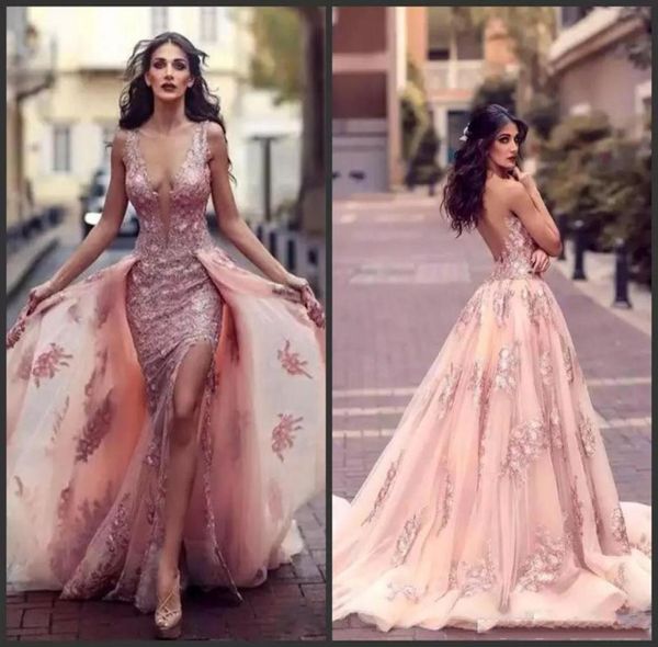 

new deep vneck arabic mermaid evening dresses with overskirts lace appliques side split backless prom dress tulle red carpet7536740, Black