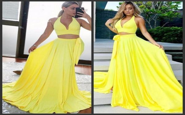 

simple stunning prom dresses v neck halter two pieces women cocktail party gowns yellow custom made formal evening dresses ho7350393, Black