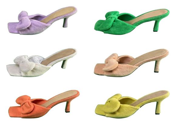 

2022 towel mules women bowtie sandals mule square toe stretch slipper rubbe outsole high heel shoes fashion ladies thin pumps1739504, Black
