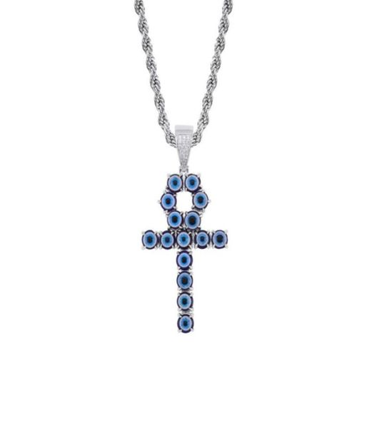 

necklace pendant jewelry fashion men women national luxury zircon resin blue eyes 18k gold rhodium plated copper cross hip hop nec9000832, Silver