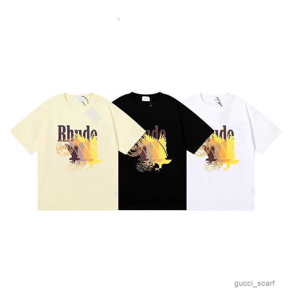 

fashion brand 23ss rhude gradient color bird printing short-sleeved t-shirt for men and women high street loose half-sleeved shirt, White;black