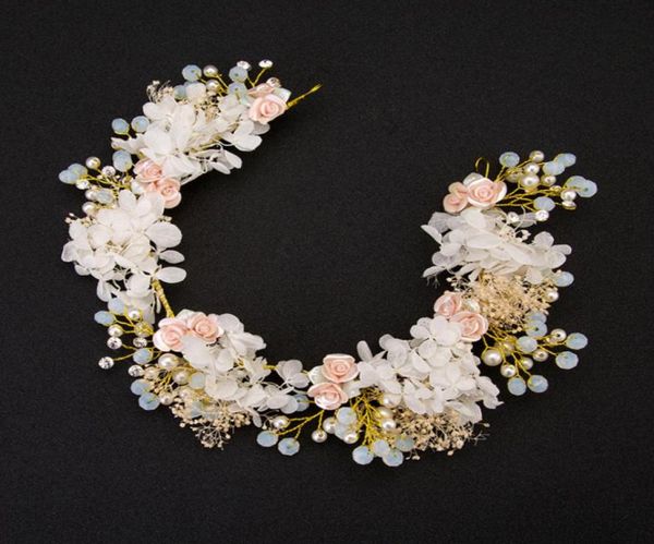 

luxury bride hair accessories pink flower crystal bridal headband pearl floral beach wedding tiara hair jewelry headpiece party8969543, Slivery;golden