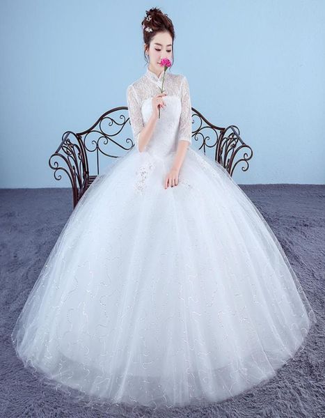 

real po wedding dresses 2018 high neck korean style red romantic bride princess lace with gold embroidery vestido de novia3916789, White
