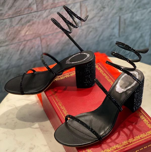 

rene caovilla sandals 7.5cm chunky heel snake wrapped ankle with rhinestone decoration luxury designer shoes dermis women high heels slim sa, Black
