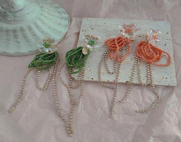 

dangle chandelier korean fashion green pink flower earring for women girls exquisite rhinestone beaded long tassel earrings jewe8195724, Silver