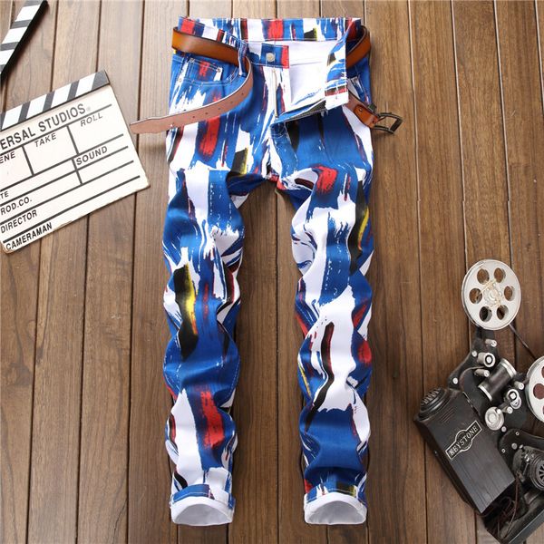 

men's jeans fashion blue printed slim fit straight stretch pants hip hop jeans1