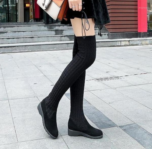

boots fashion knitted women knee high elastic slim autumn winter warm long thigh woman shoes15617197, Black