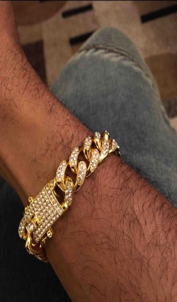 

new hip hop gold mens simulated diamond bracelets jewelry fashion iced out miami cuban link chain bracelet2647571, Black