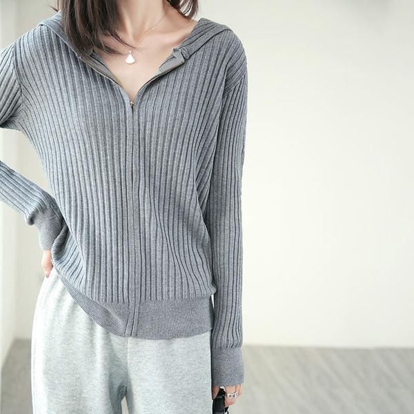 

sweaters wool knit hoodie korean ladies spring and autumn zipper cardigan long sleeve fashion versatile slim fit pit pattern sweater, White;black