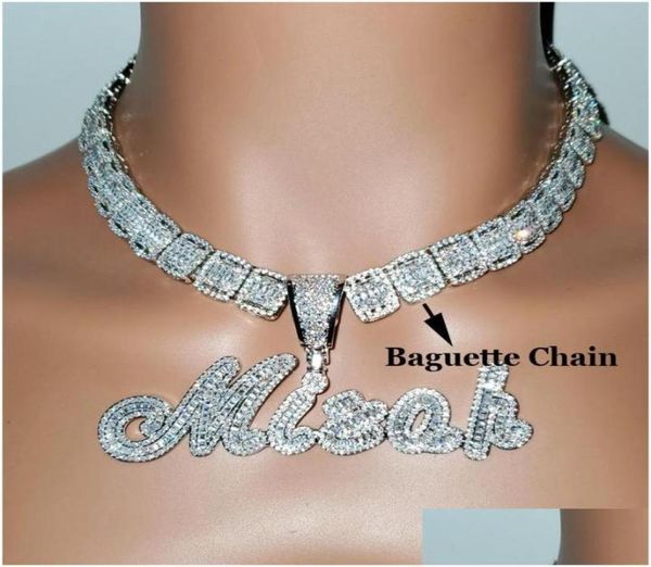 

pendant necklaces custom brush cursive iced out letter pendant name necklace baguettes chain micro paved cz personalized hiphop je8603737, Silver