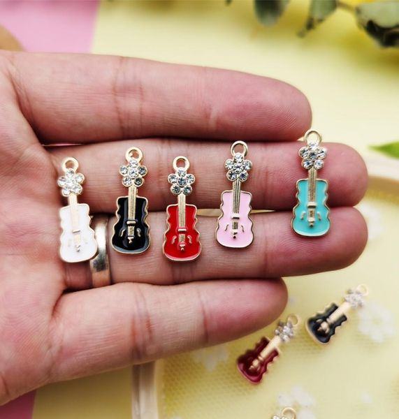 

100pcs rhinestone mini guitar shaped enamel charms metal pendants fit diy earring bracelet hair jewelry accessories gift2567042, Bronze;silver