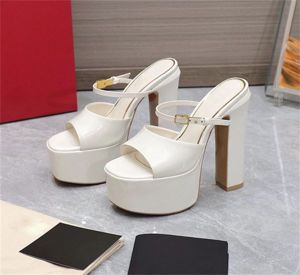 

2023 patent leather platform high heeled slippers pumps instep strap chunky heels block heel 155mm round dres shoe women designers sandals c, Black