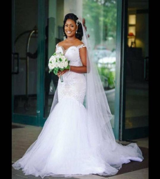 

vintage african mermaid lace wedding dresses bridal gowns 2022 off the shoulder vestido de noiva plus size appliques train bride d2126818, White