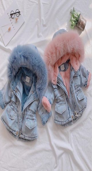 

baby girls denim coat kids fur collar hooded jean outwear children velvet thicken warm cowboy coat a40361669306, Blue;gray